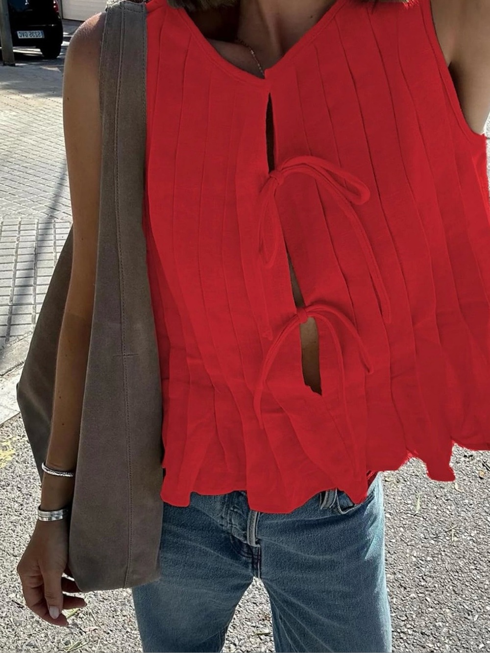 Linen cotton blend red pleated tie front sleeveless top S